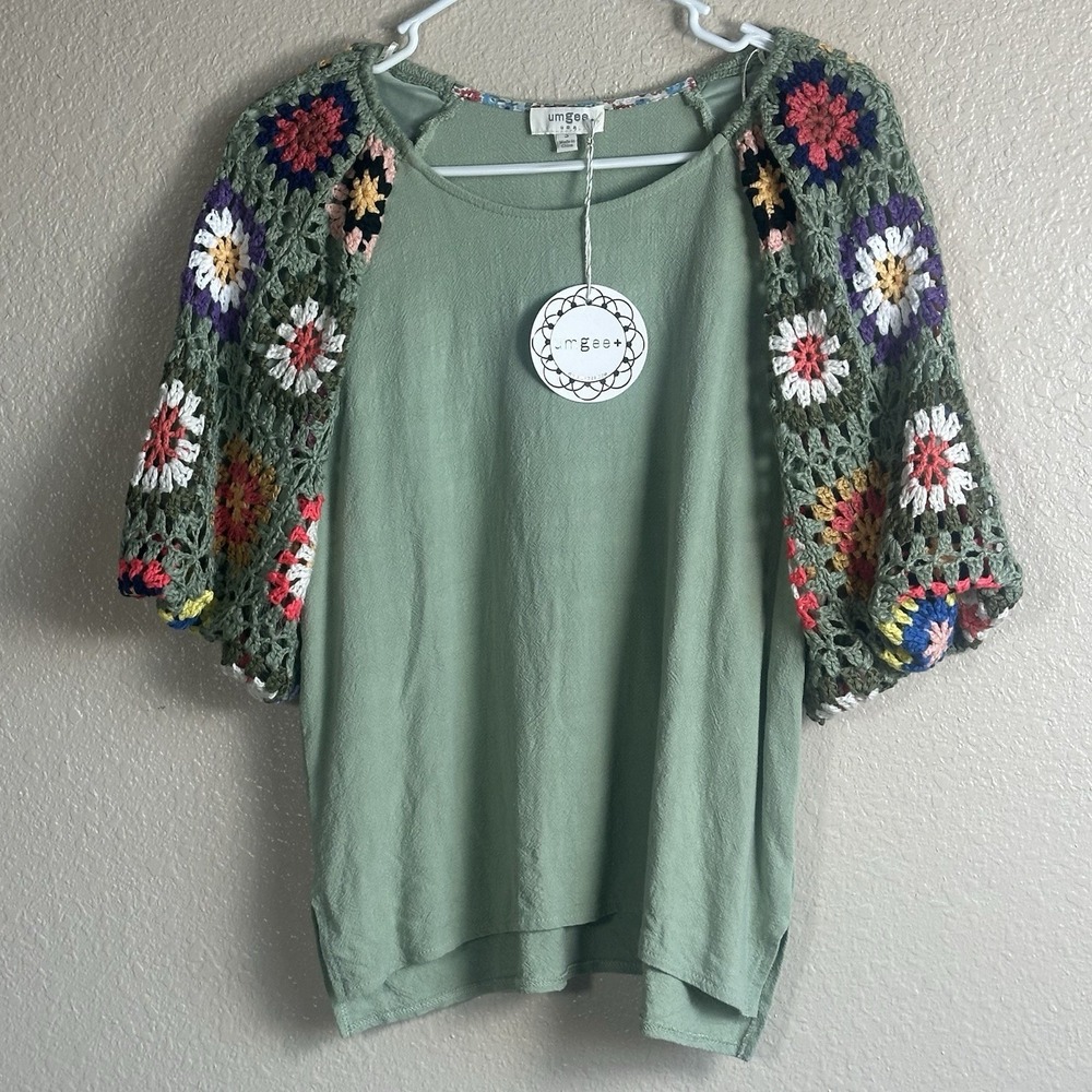 UMGEE Crochet Granny Square Green Lined Sleeves Linen Flutter Cottagecore Top S